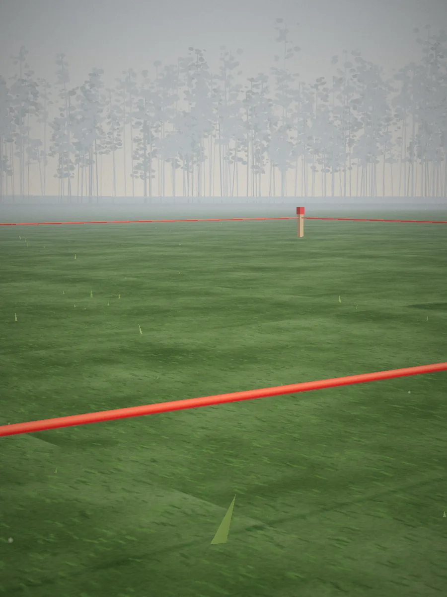 Terreno marcado com estacas e cordel vermelho, pronto para estudo