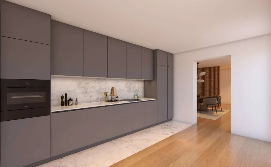 Imagem 3D da cozinha com móveis cinzentos e bancada em pedra clara