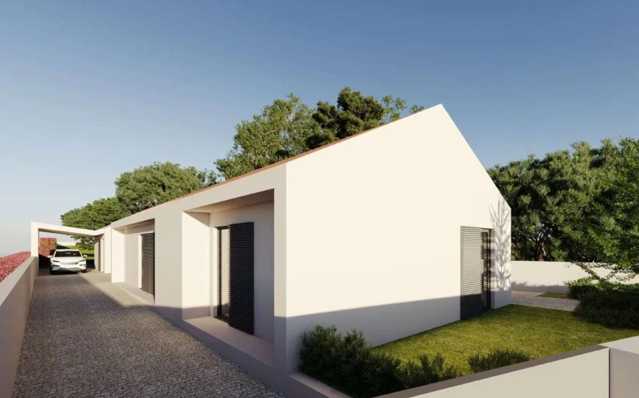 Imagem 3D da moradia da Quinta do Martinho, em Oiã: empena branca e acesso em calçada