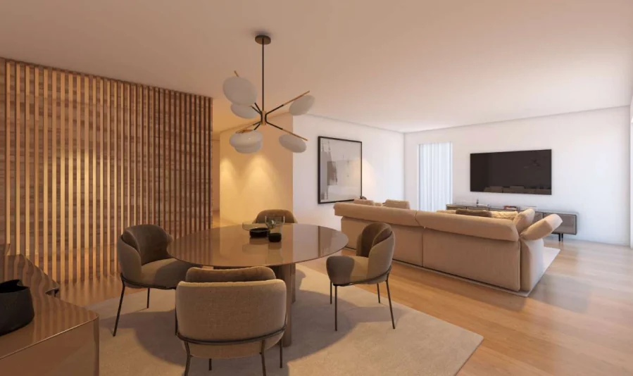 Imagem 3D da sala de estar e jantar com ripado de madeira